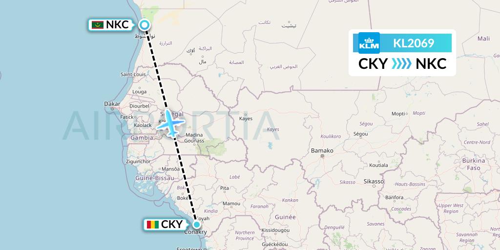 KL2069 KLM Flight Map: Conakry to Nouakchott