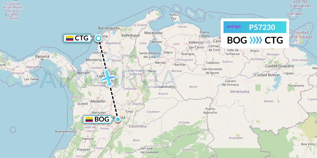 P57230 Copa Airlines Colombia Flight Map: Bogota to Cartagena