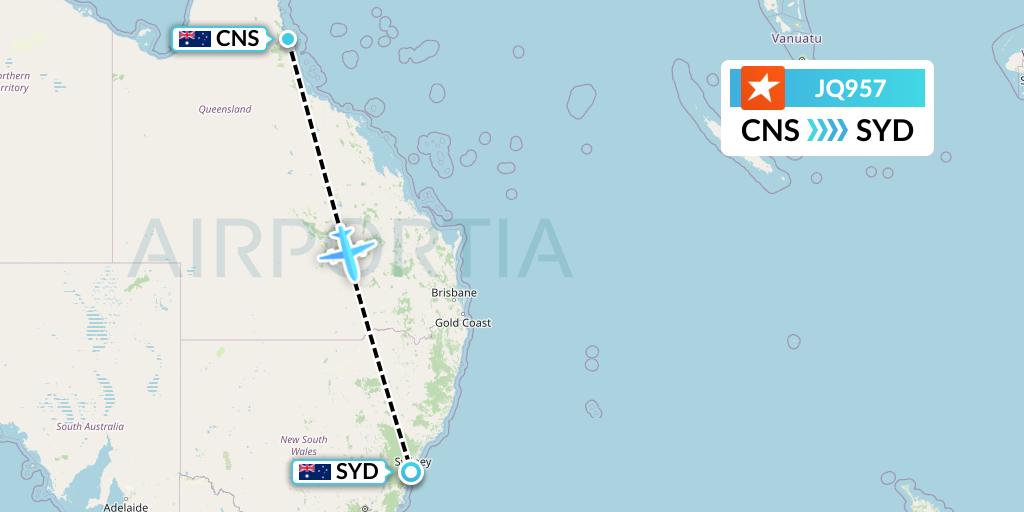 JQ957 Jetstar Airways Flight Map: Cairns to Sydney