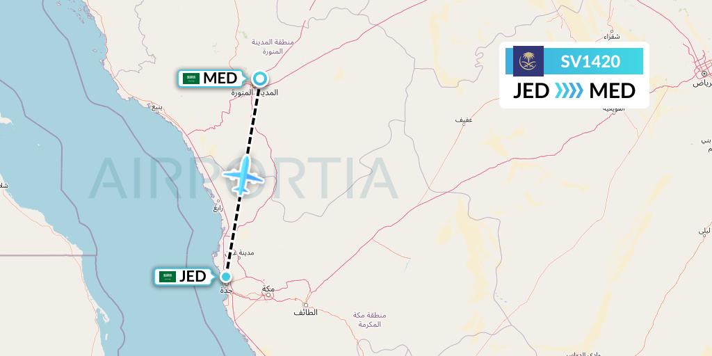 SV1420 Saudi Arabian Airlines Flight Map: Jeddah to Medina