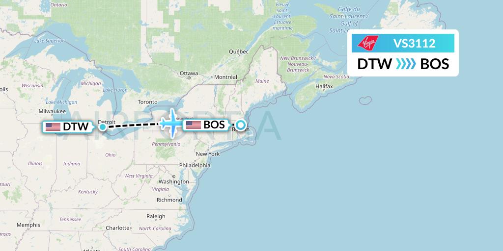 VS3112 Virgin Atlantic Airways Flight Map: Detroit to Boston