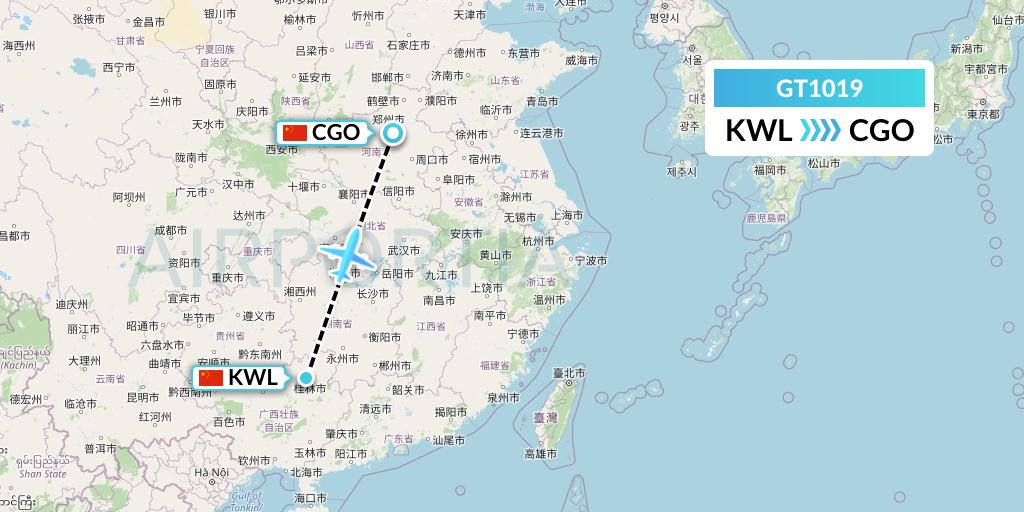 GT1019 Air Guilin Flight Map: Guilin to Zhengzhou