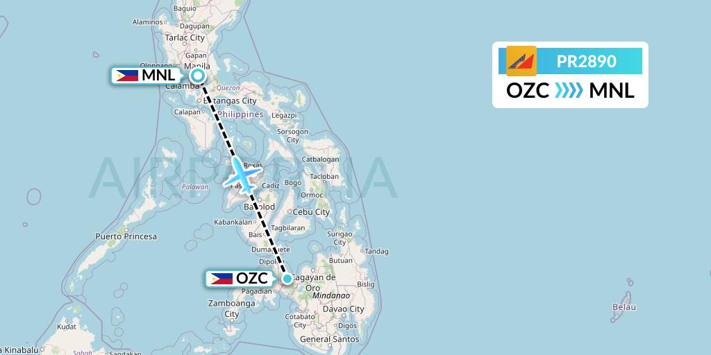 PR2890 Philippine Airlines Flight Map: Ozamiz to Manila