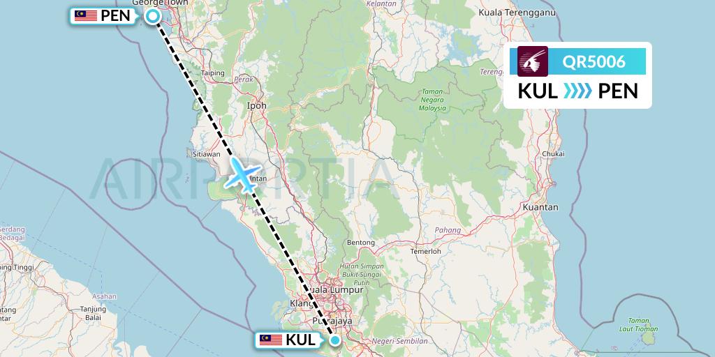 QR5006 Qatar Airways Flight Map: Kuala Lumpur to Penang