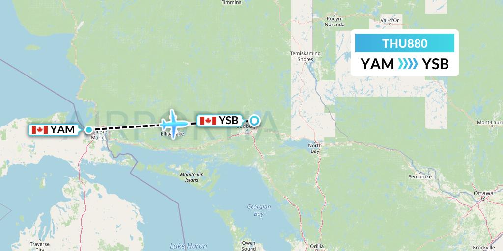 THU880 Thunder Airlines Flight Map: Sault Ste. Marie to Sudbury