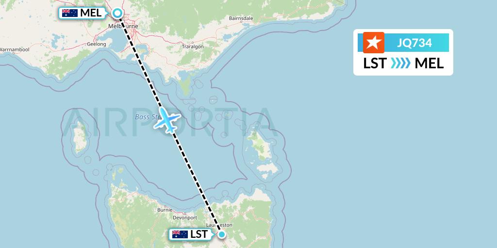 JQ734 Jetstar Airways Flight Map: Launceston to Melbourne