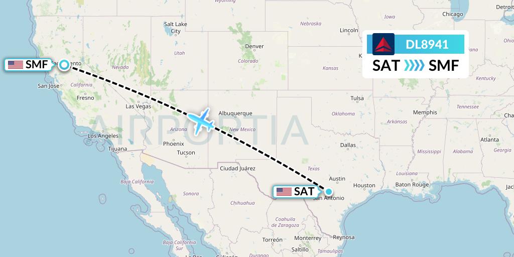 DL8941 Delta Air Lines Flight Map: San Antonio to Sacramento