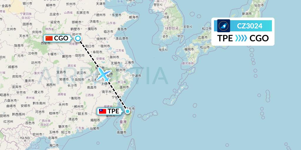 CZ3024 China Southern Airlines Flight Map: Taipei to Zhengzhou
