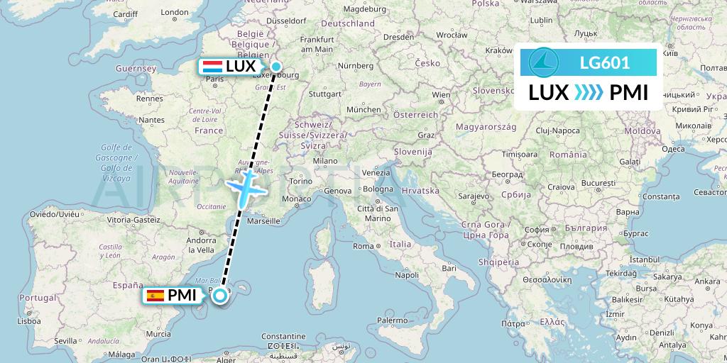 LG601 Luxair Flight Map: Luxembourg to Palma de Mallorca