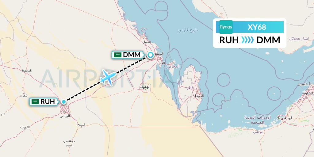 XY68 Flynas Flight Map: Riyadh to Dammam