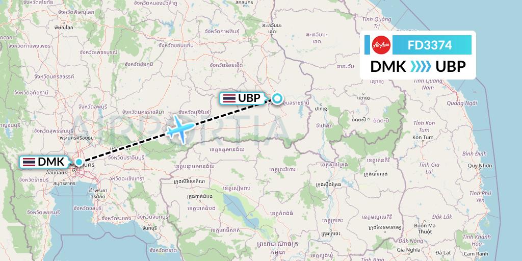 FD3374 Thai AirAsia Flight Map: Bangkok to Ubon Ratchathani