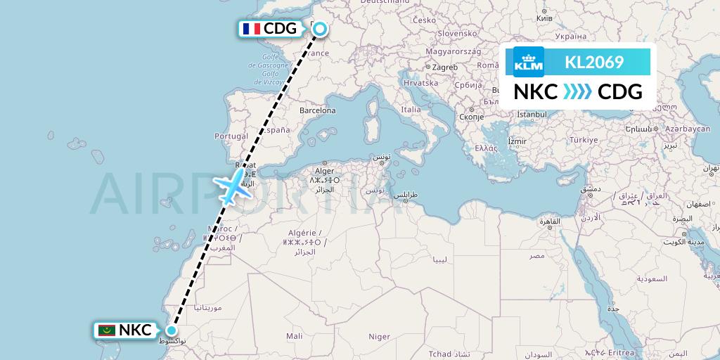 KL2069 KLM Flight Map: Nouakchott to Paris