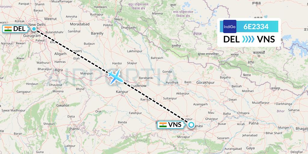 6E2334 IndiGo Airlines Flight Map: Delhi to Varanasi