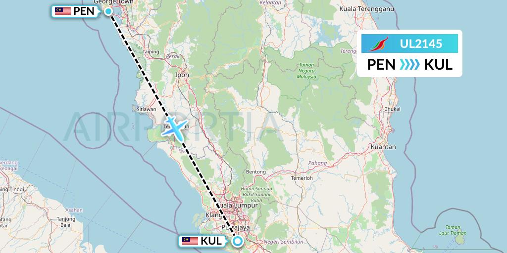 UL2145 SriLankan Airlines Flight Map: Penang to Kuala Lumpur