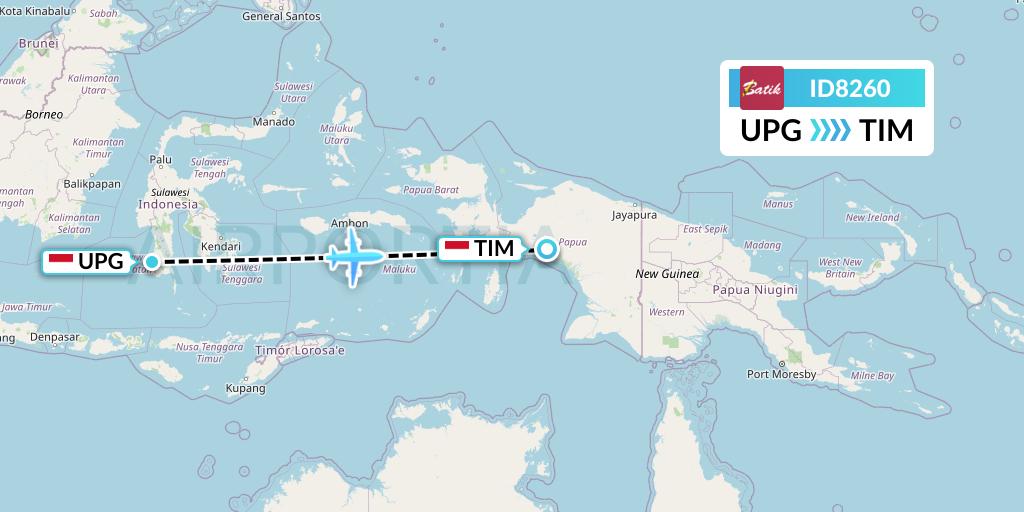 ID8260 Batik Air Flight Map: Makassar to Timika