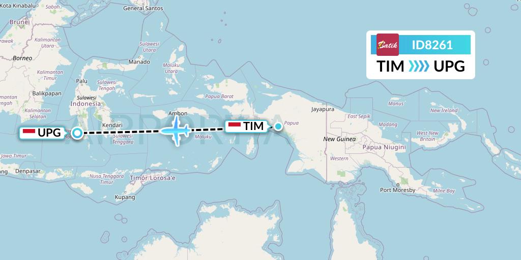 ID8261 Batik Air Flight Map: Timika to Makassar