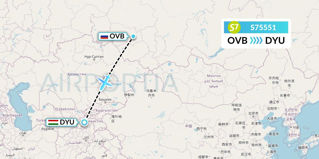 S75551 S7 Airlines Flight Map: Novosibirsk to Dushanbe