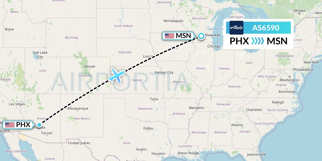 AS6590 Alaska Airlines Flight Map: Phoenix to Madison