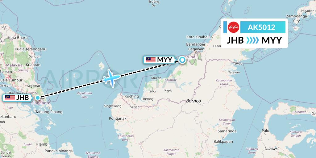 AK5012 AirAsia Flight Map: Johor Bahru to Miri