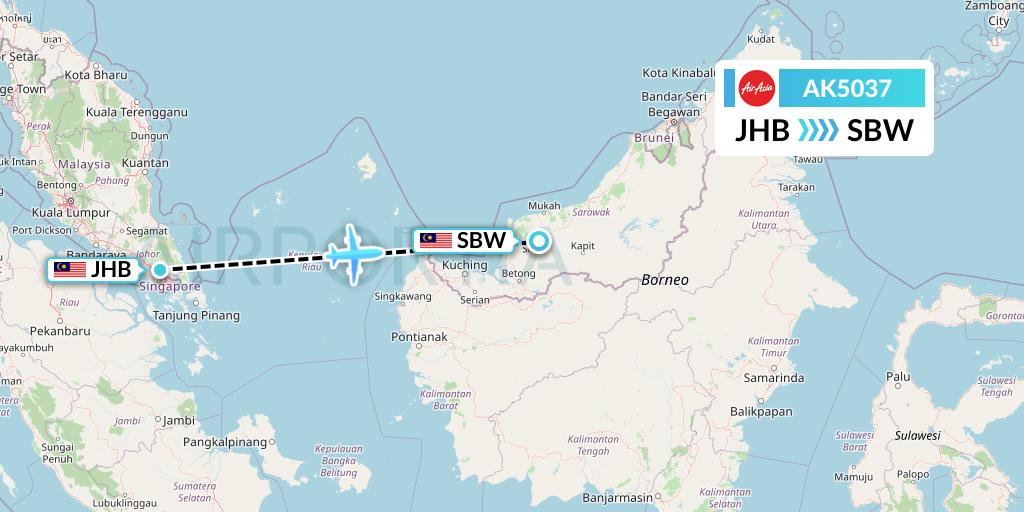 AK5037 AirAsia Flight Map: Johor Bahru to Sibu
