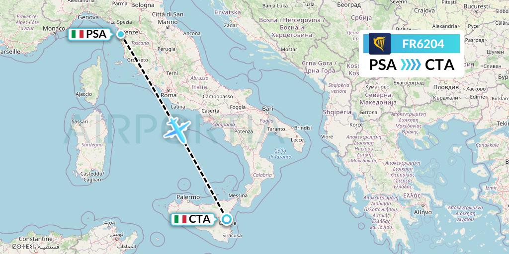 FR6204 Ryanair Flight Map: Pisa to Catania