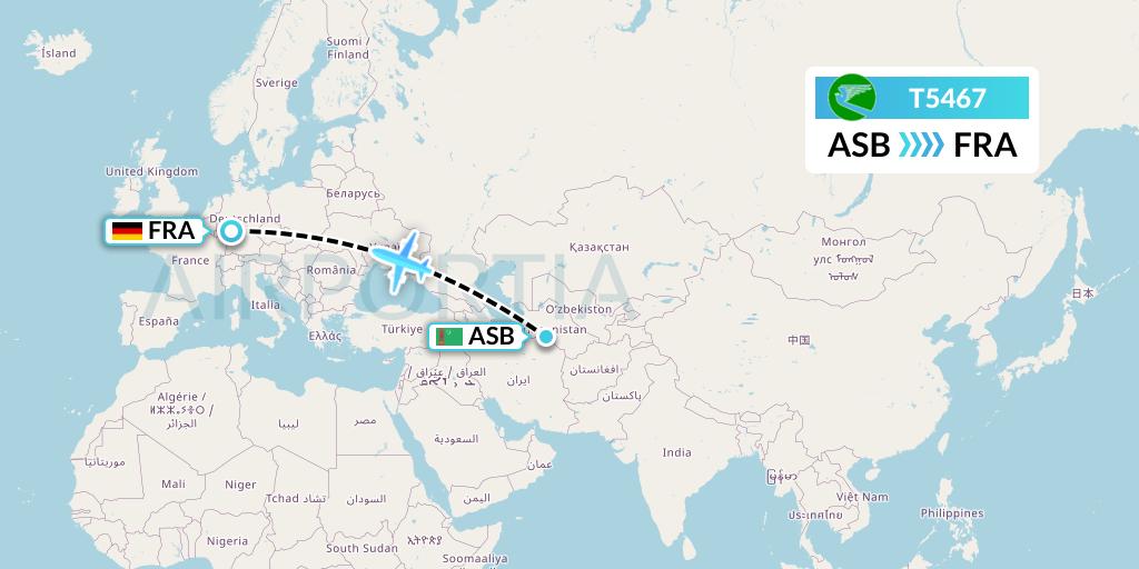 T5467 Turkmenistan Airlines Flight Map: Ashgabat to Frankfurt