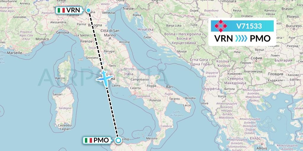 V71533 Volotea Flight Map: Verona to Palermo