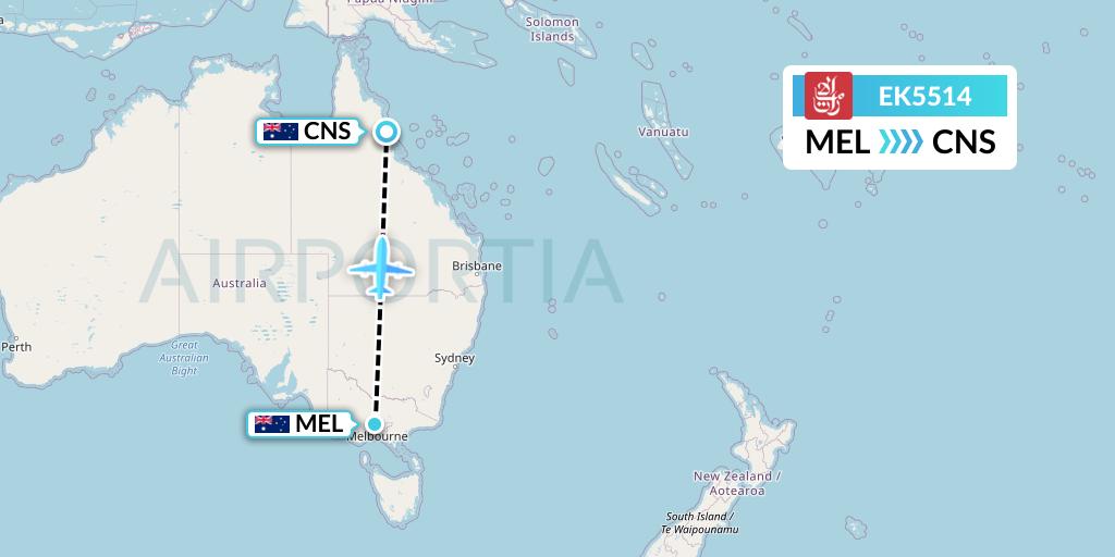 EK5514 Emirates Flight Map: Melbourne to Cairns
