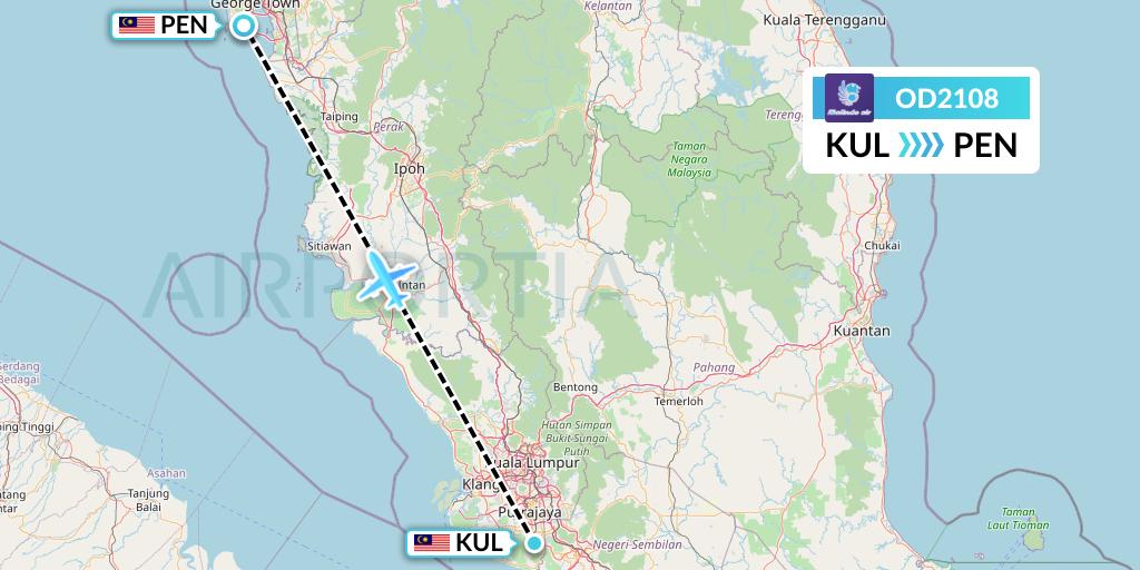 OD2108 Batik Air Malaysia Flight Map: Kuala Lumpur to Penang