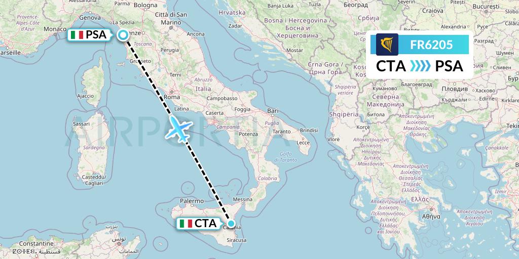 FR6205 Ryanair Flight Map: Catania to Pisa