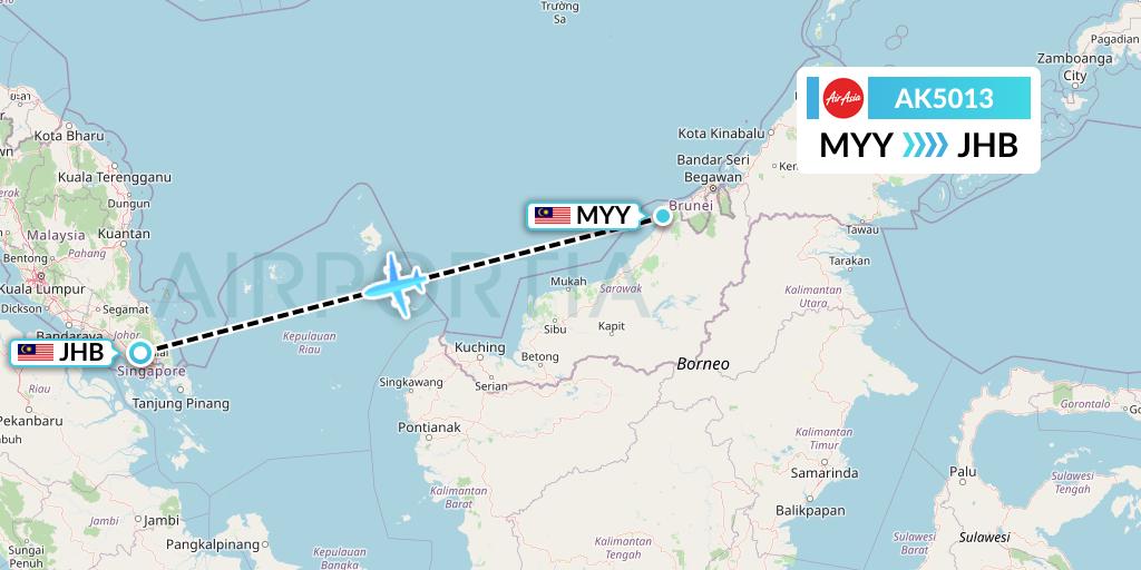 AK5013 AirAsia Flight Map: Miri to Johor Bahru