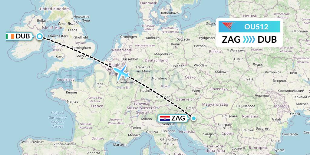 OU512 Croatia Airlines Flight Map: Zagreb to Dublin