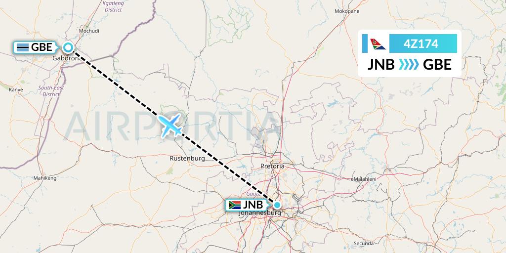 4Z174 Airlink Flight Map: Johannesburg to Gaborone