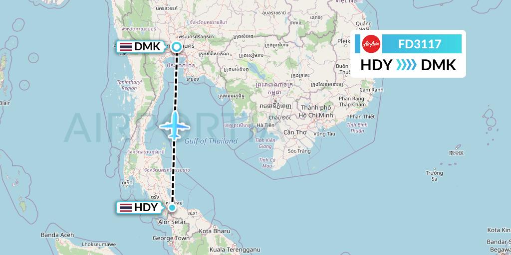 FD3117 Thai AirAsia Flight Map: Hat Yai to Bangkok