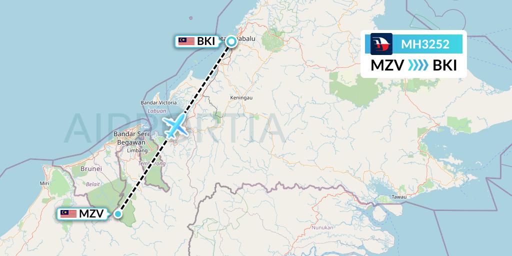 MH3252 Malaysia Airlines Flight Map: Mulu to Kota Kinabalu