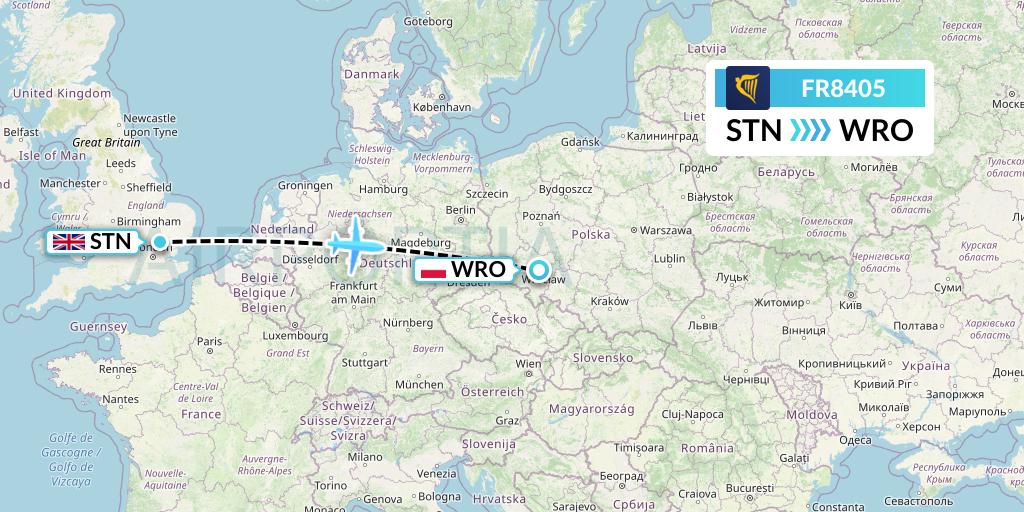 FR8405 Ryanair Flight Map: London to Wroclaw