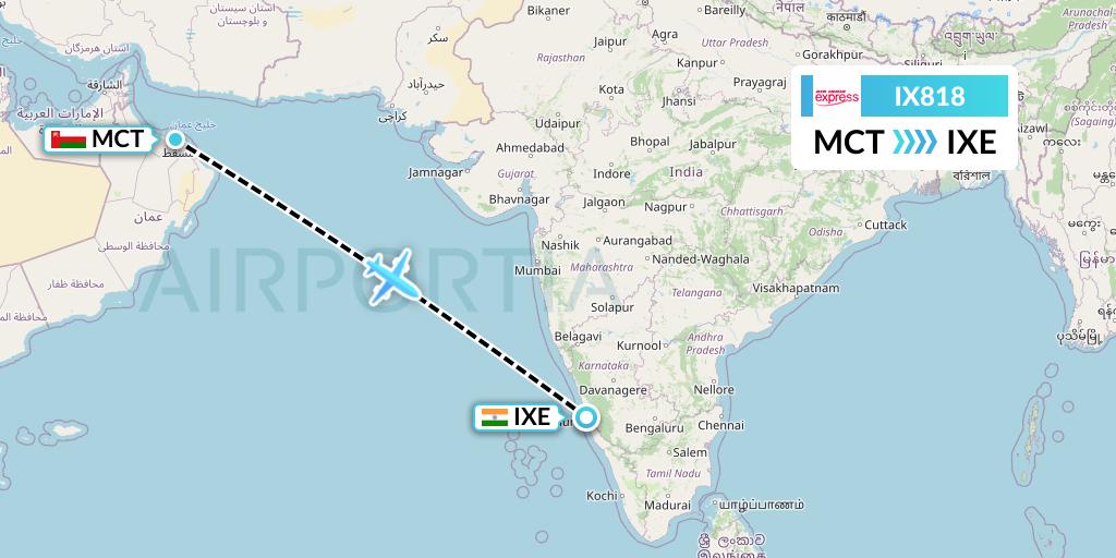 IX818 Air India Express Flight Map: Muscat to Mangalore