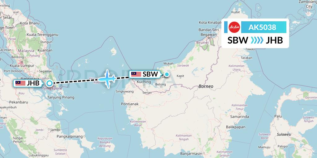 AK5038 AirAsia Flight Map: Sibu to Johor Bahru