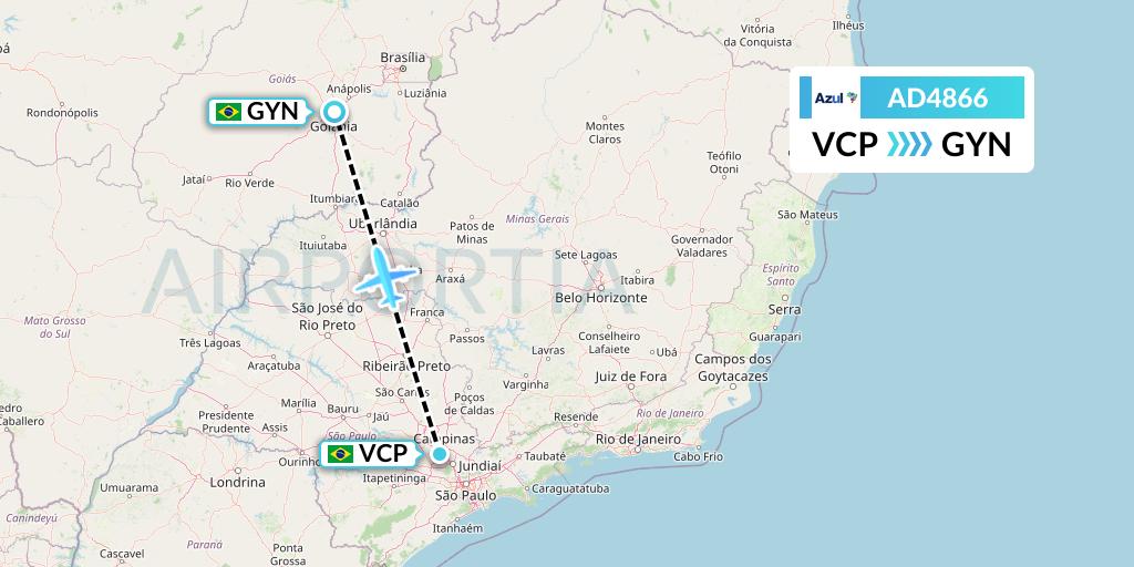 AD4866 Azul Brazilian Airlines Flight Map: Campinas to Goiania