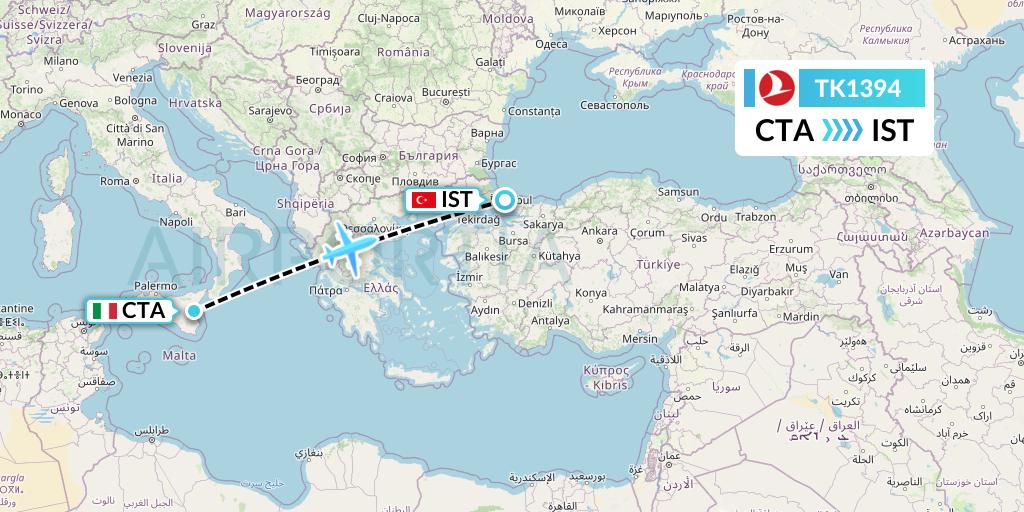 TK1394 Turkish Airlines Flight Map: Catania to Istanbul