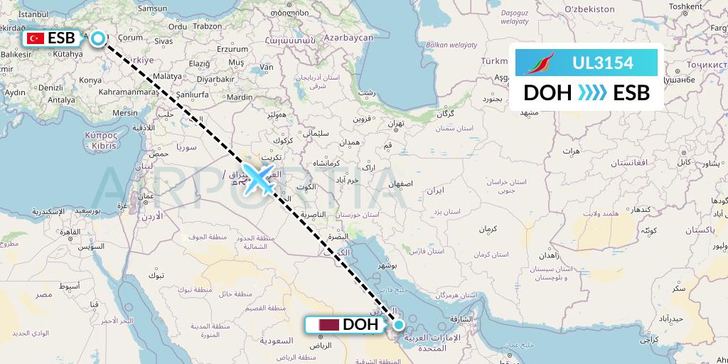 UL3154 SriLankan Airlines Flight Map: Doha to Ankara