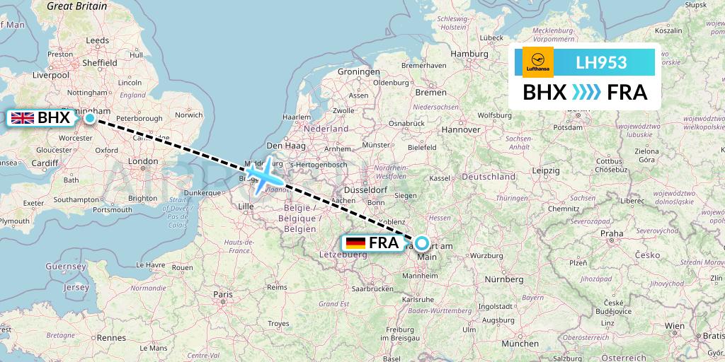 LH953 Lufthansa Flight Map: Birmingham to Frankfurt
