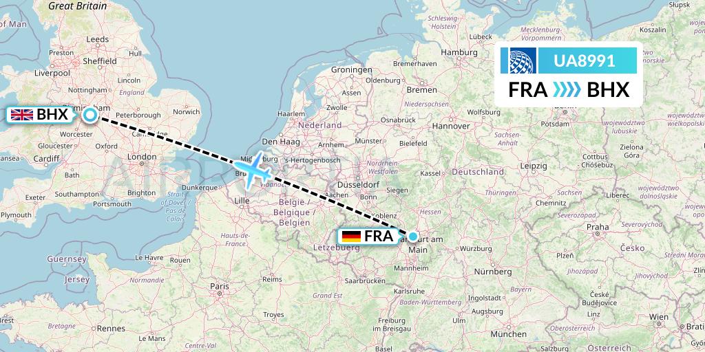 UA8991 United Airlines Flight Map: Frankfurt to Birmingham
