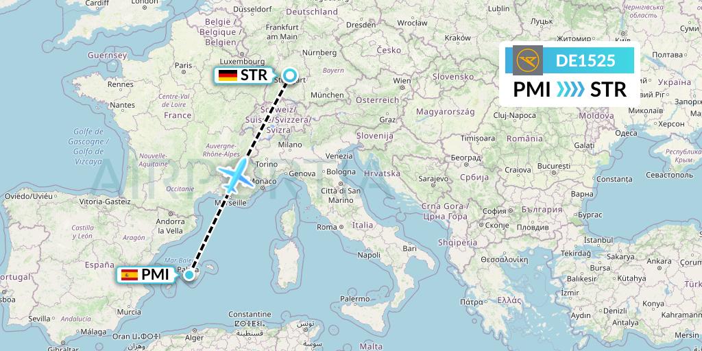 DE1525 Condor Flight Map: Palma de Mallorca to Stuttgart