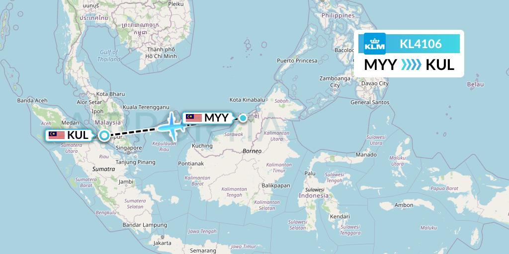 KL4106 KLM Flight Map: Miri to Kuala Lumpur