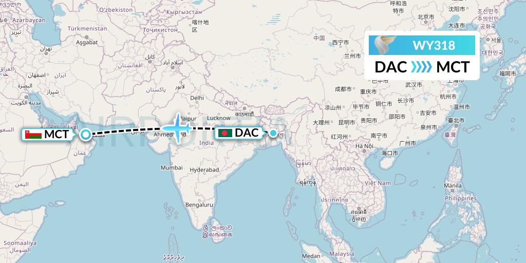 WY318 Oman Air Flight Map: Dhaka to Muscat
