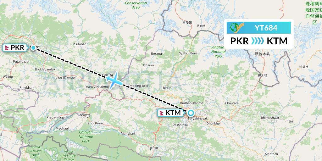 YT684 Yeti Airlines Flight Map: Pokhara to Kathmandu