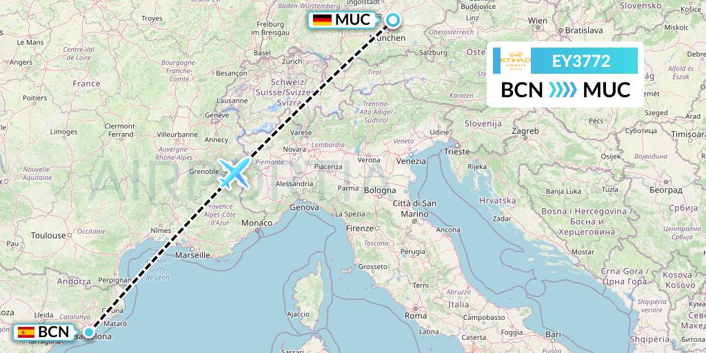 EY3772 Etihad Airways Flight Map: Barcelona to Munich