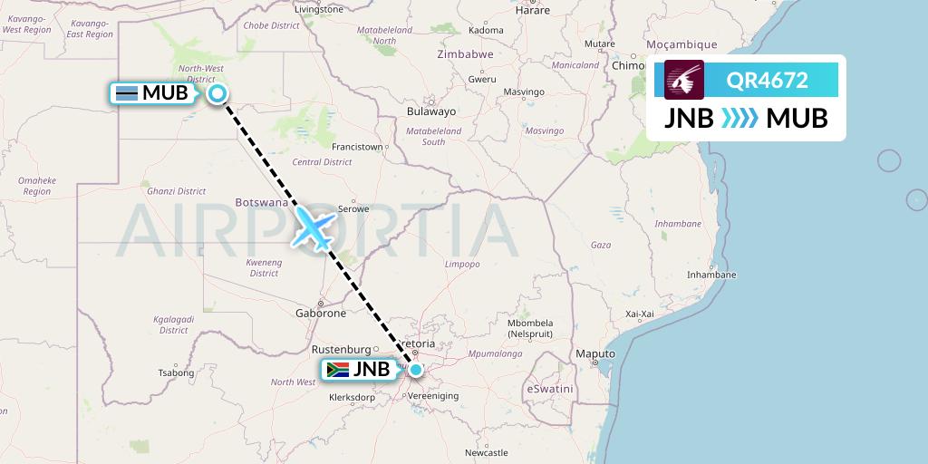 QR4672 Qatar Airways Flight Map: Johannesburg to Maun