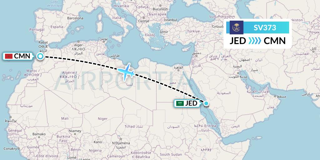 SV373 Saudi Arabian Airlines Flight Map: Jeddah to Casablanca